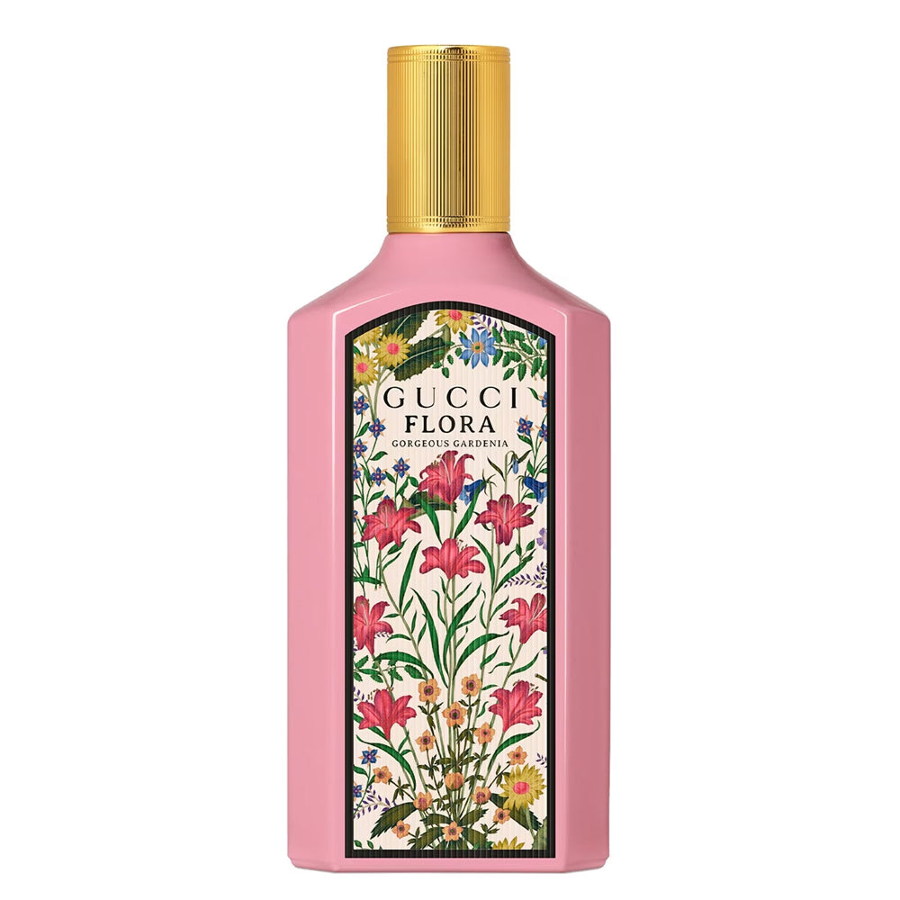 Gucci Flora perfume bottle with floral design on a white background